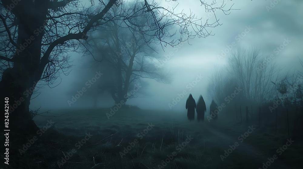 Ghostly figures drift silently through the mist, haunting the landscape on a mysterious Halloween evening.