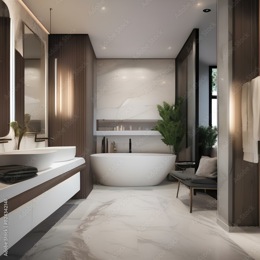 Modern bathroom with a freestanding bathtub and marble tiles3 Modern bathroom with a freestanding bathtub and marble tiles3