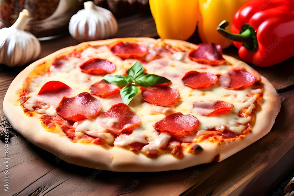 Pizza with salami, peppers and cheese on a wooden background Pizza with salami, peppers and cheese on a wooden background