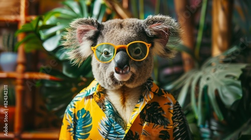 Realistic koala animal portrait cute dressed koala summer time with yellow sunglasses
