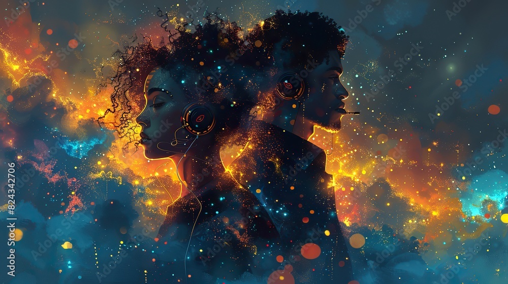 A love that finds solace in music's embrace, depicted by two figures listening to music together, signifying the shared emotions, connection, and the power of love to harmonize through music. image