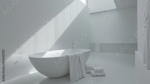 Extreme low-angle a white very modern white minimalist bathroom with white tub and towels  white matte walls that has no window  AI Generative