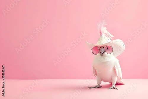 Funny cute white bird in sunglasses and sombrero hat on background.