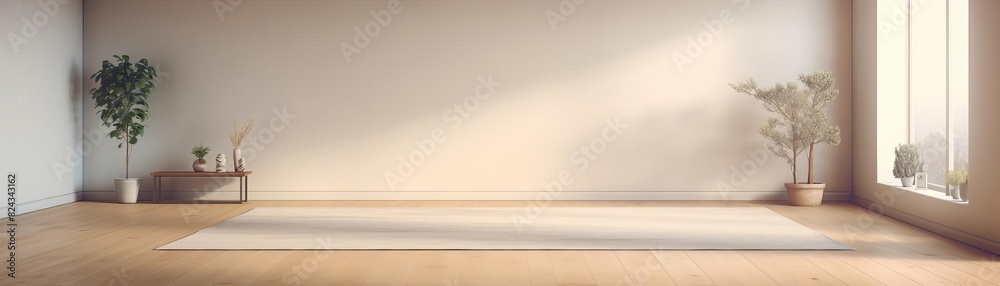 Minimalist yoga studio with wooden floor, plants, and sunlight streaming through large windows, creating a calming and serene atmosphere. Minimalist yoga studio with wooden floor, plants, and sunlight streaming through large windows, creating a calming and serene atmosphere.