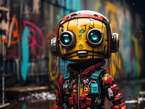 Colorful futuristic robot with headphones standing in graffiti alley  displaying a unique blend of urban and sci-fi aesthetics.