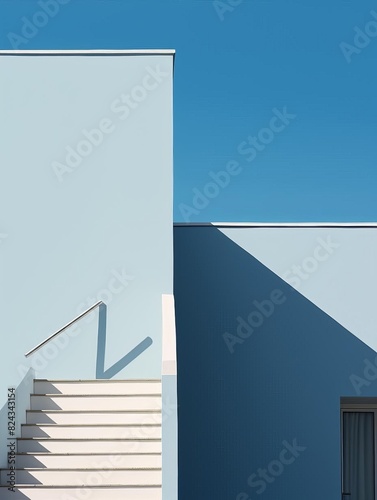 Minimalist architectural exterior with clear blue sky. Clean lines  white stairs  and geometric shadows create a modern and serene aesthetic.