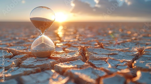 An hourglass with sand running out against a backdrop of a dried-up desert conceptual illustration of time running out for environmental conservation efforts in climate change. photo
