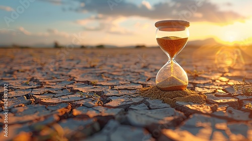 An hourglass with sand running out against a backdrop of a dried-up desert conceptual illustration of time running out for environmental conservation efforts in climate change. image photo