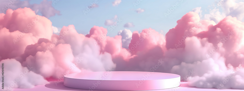 Fototapeta premium Background podium pink product sky platform display cloud pastel scene render stand. 3d render illustration. 