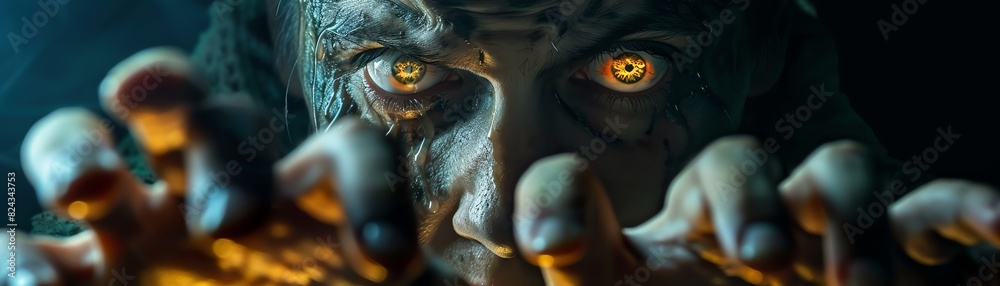 Close-up of a mysterious person with glowing eyes and tattooed face, reaching out with hands. Dark and eerie atmosphere. Fantasy or horror-themed. Close-up of a mysterious person with glowing eyes and tattooed face, reaching out with hands. Dark and eerie atmosphere. Fantasy or horror-themed.