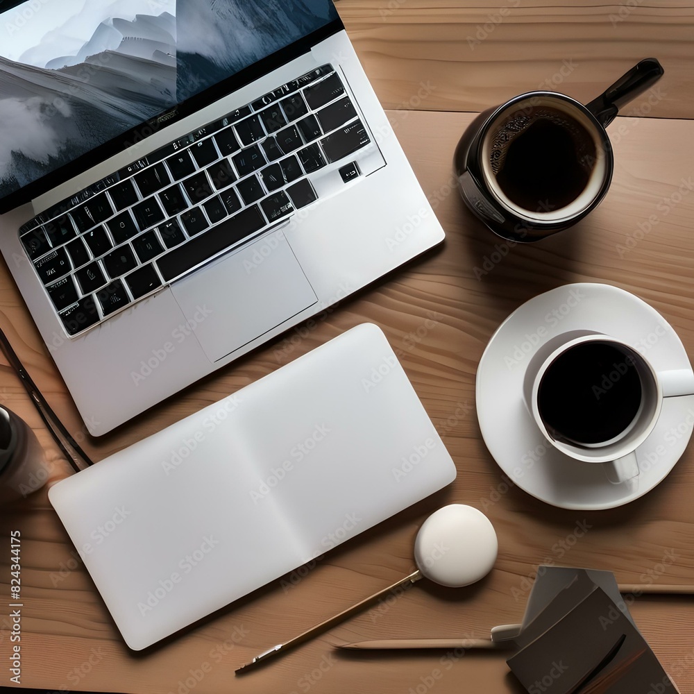 Overhead shot of a workspace with a laptop, notebook, and coffee cup3