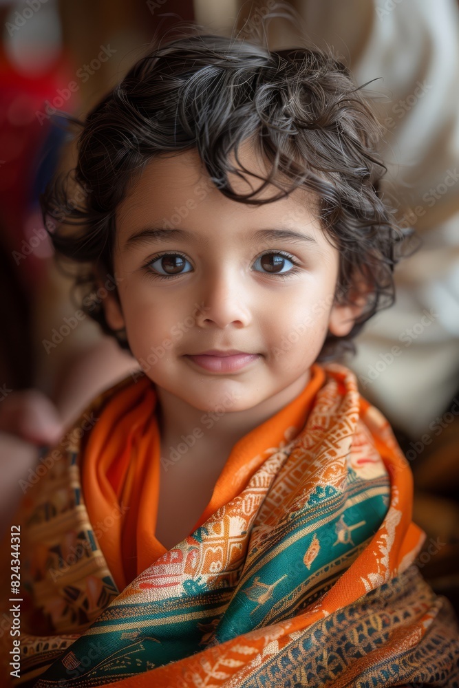 Portrait of an Adorable Young Child with Curly Hair and Deep Brown Eyes Wrapped in a Vibrant Scarf. Portrait of an Adorable Young Child with Curly Hair and Deep Brown Eyes Wrapped in a Vibrant Scarf.