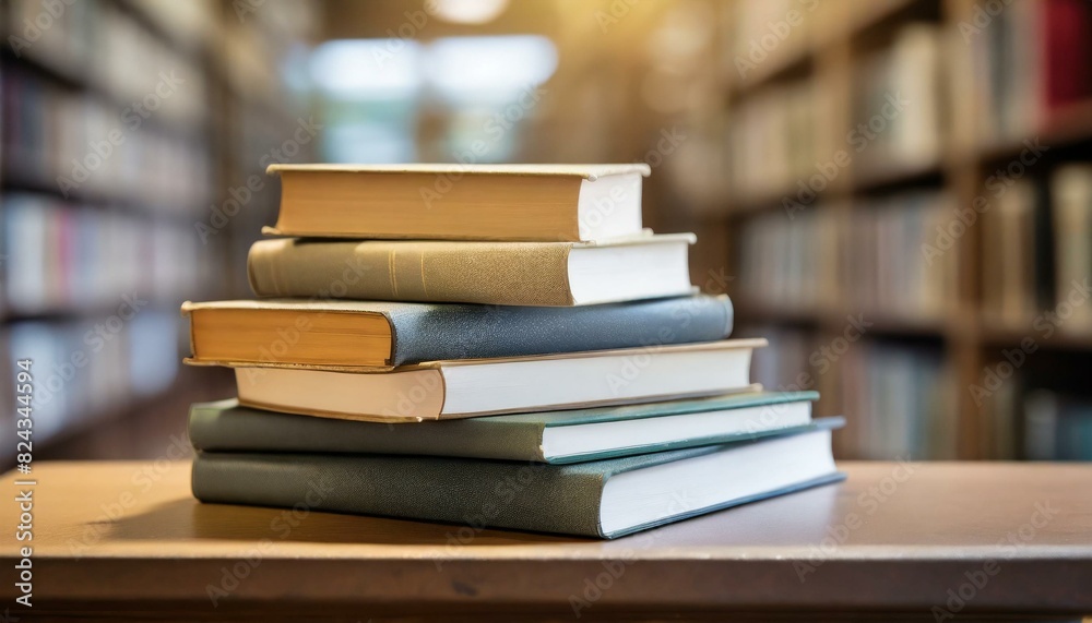 stack of books on a library table stack of books on a library table