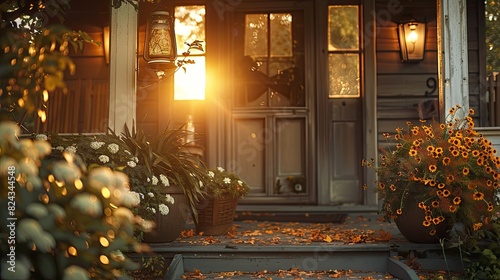 commercial photo, close-up, front porch decor, bottom view, soft light