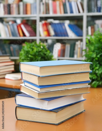 stack of books on a library table