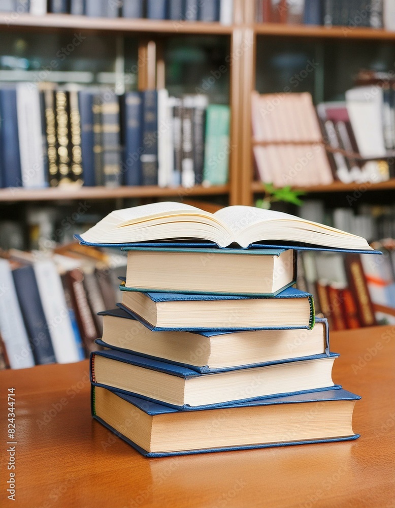 stack of books on a library table stack of books on a library table