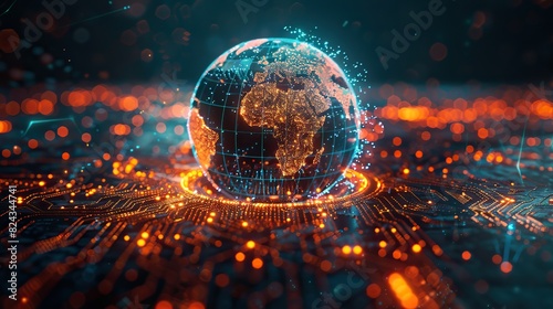 Network cables wrapping around a holographic Earth. stock image