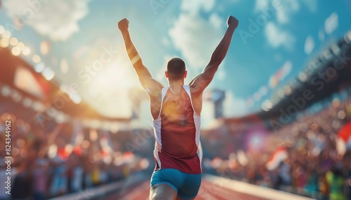 Athlete celebrating victory on a track field in a vibrant stadium. Sunlight and cheering crowd add to the triumphant moment of winning. photo