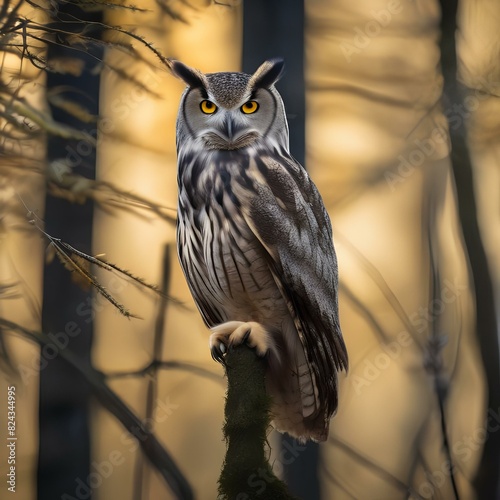 Close up of an owl with striking yellow eyes, perched on a branch1 photo