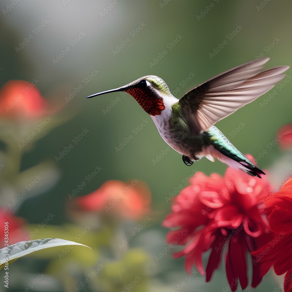 Close up of a hummingbird hovering near a red flower1 Close up of a hummingbird hovering near a red flower1