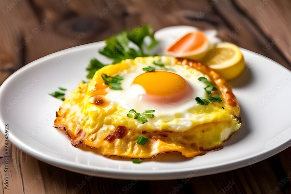 fry egg omellete in white plate on wooden table fry egg omellete in white plate on wooden table