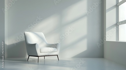 Modern Minimalist Interior with Armchair Against Empty White Wall Background © Bi