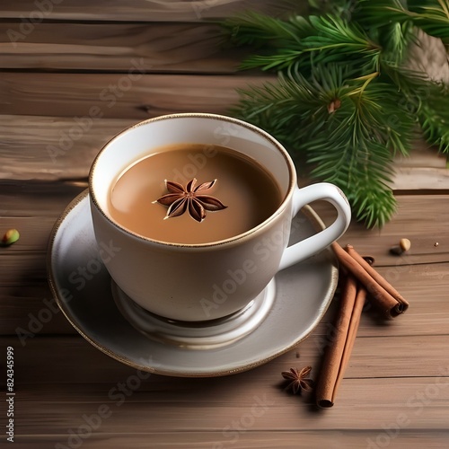 Cup of chai tea with spices and a cinnamon stick on a wooden table3 photo