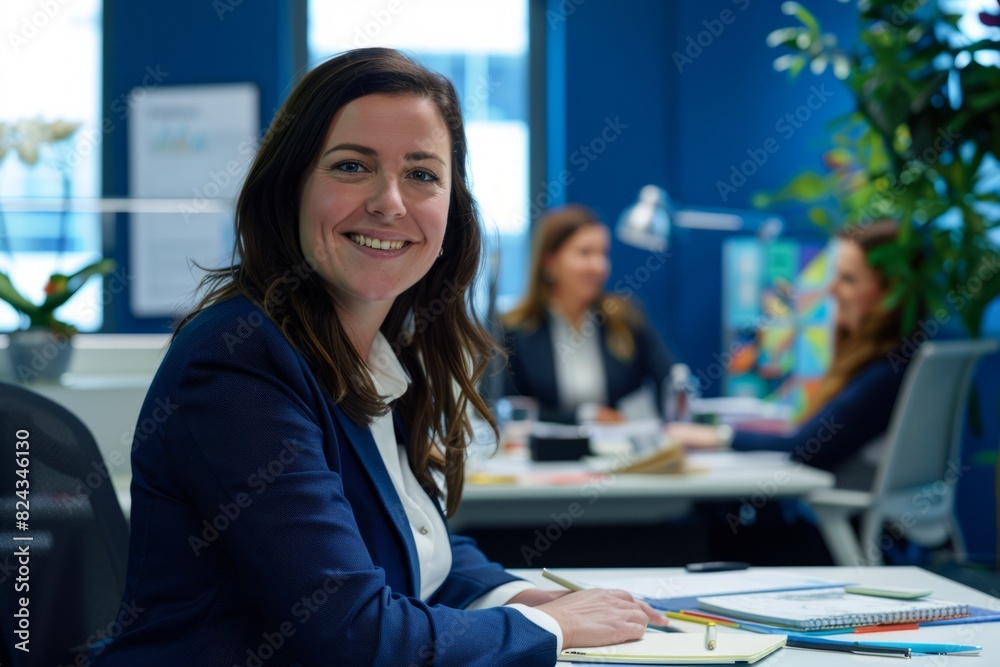 Young successful businesswoman at corporate office looking at camera. Office business portrait