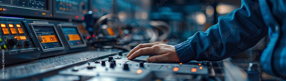 Close-up of a sound engineer adjusting audio levels on a mixing console in a recording studio, with various electronic equipment in the background. Close-up of a sound engineer adjusting audio levels on a mixing console in a recording studio, with various electronic equipment in the background.