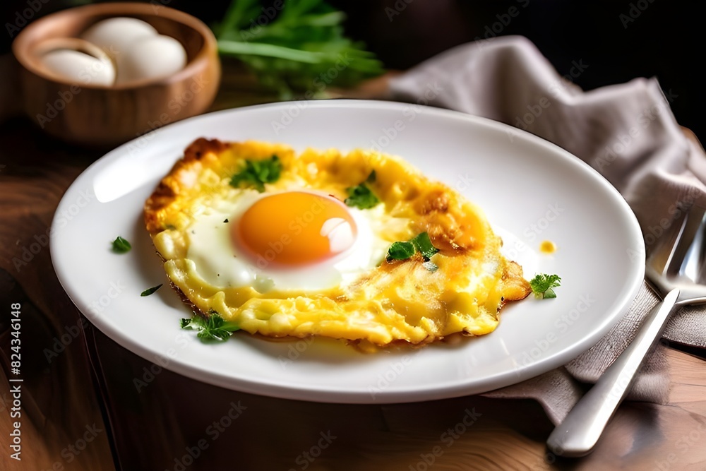 fry egg omellete in white plate on wooden table fry egg omellete in white plate on wooden table