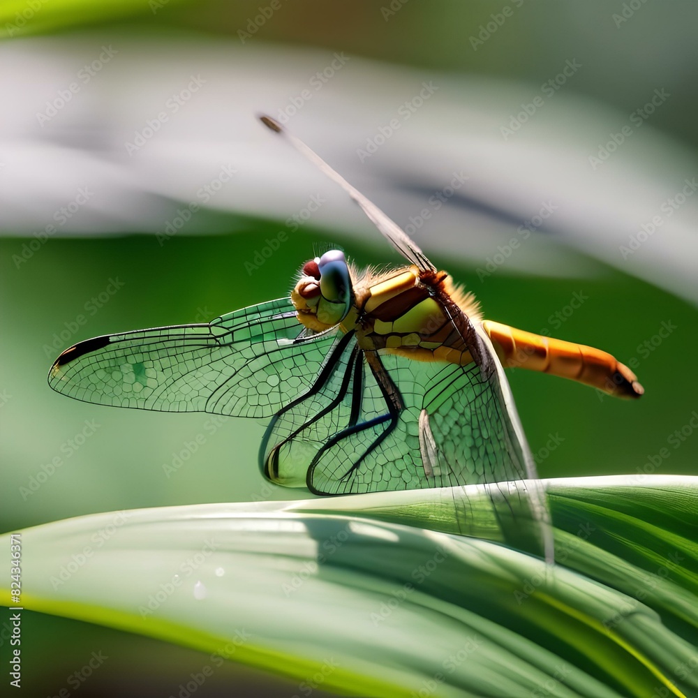 Close up of a dragonfly perched on a green leaf3 Close up of a dragonfly perched on a green leaf3