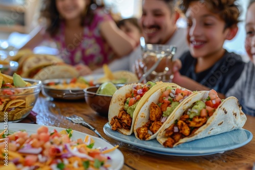 A family enjoying a taco night at home, with a table full of chicken tacos, various toppings, and happy faces