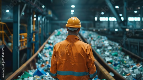 Worker in safety gear observes conveyor belt sorting recycling materials in a modern waste management facility.