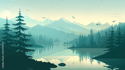 A serene mountain landscape with a clear blue lake and pine trees, isolated on a green background photo