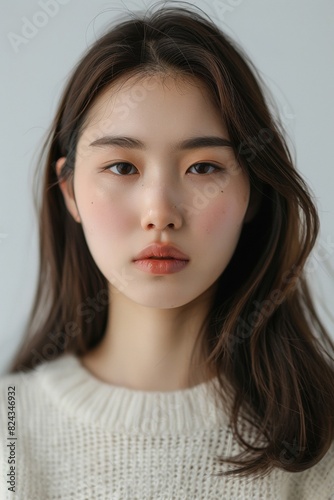 Sweet-Faced Korean Girl with Middle Part Hairstyle