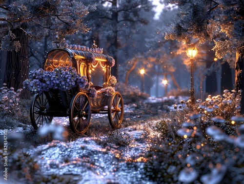 At night, the Christmas carriage in the forest