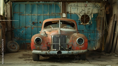 A vintage car with faded red paint  parked in a dusty garage.