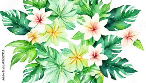 Watercolor of Tropical spring floral green leaves and flowers s isolated on transparent png background  bouquets greeting or wedding card decoration  with Generative Ai