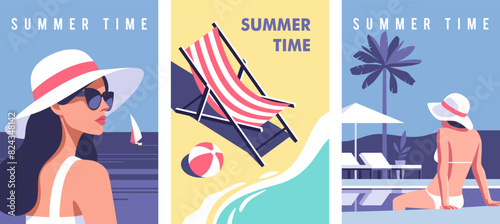 Summer time. Concept of summer party, vacation and travel. Perfect background on the theme of season vacation, weekend, beach. Vector illustration in minimalistic style for posters, cover art, flyer.