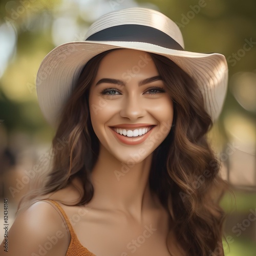 Portrait of a smiling young woman wearing a summer hat in a park4 photo