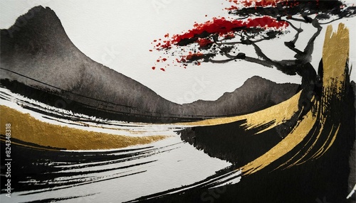 墨絵　和風　和柄　富士山　風景　モダン　和紙　水墨画　日本画　背景　フレーム　素材
