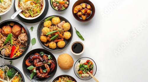Authentic Chinese Food Spread in Top View on Plain White Background in HD 8K Resolution