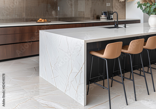 Nestled within a frame of large format tiles or textured stone flooring, the close-up of the modern kitchen added depth and visual interest to its minimalist design.