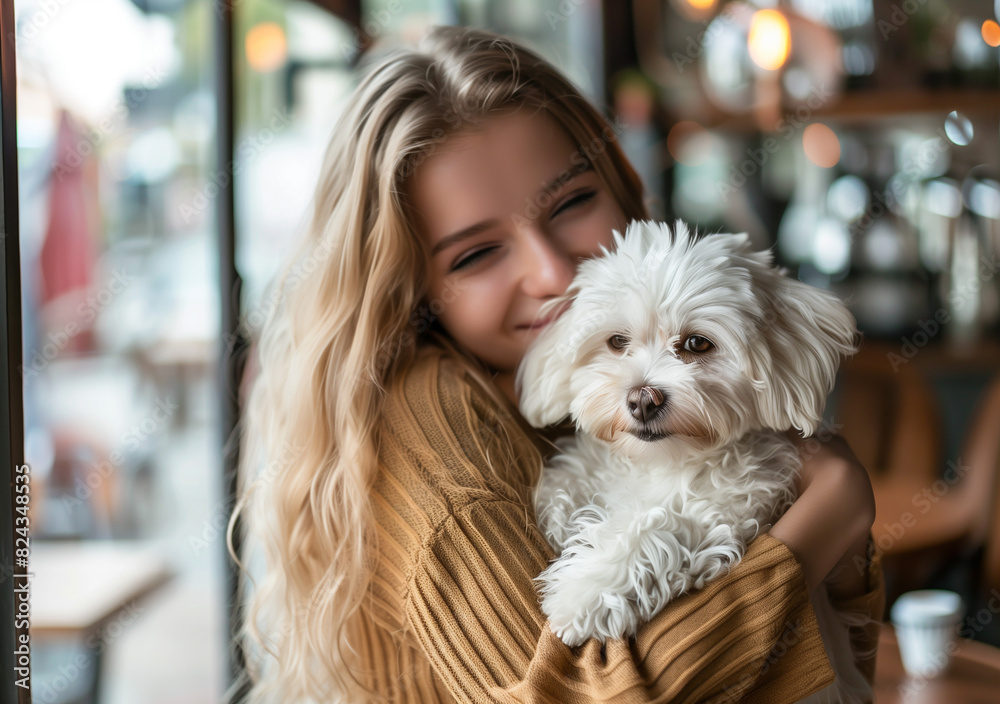 Portrait of beautiful young woman holding her dog in hands. Cute white dog in arms of loving owner. With dog in coffe shop. Portrait of beautiful young woman holding her dog in hands. Cute white dog in arms of loving owner. With dog in coffe shop.