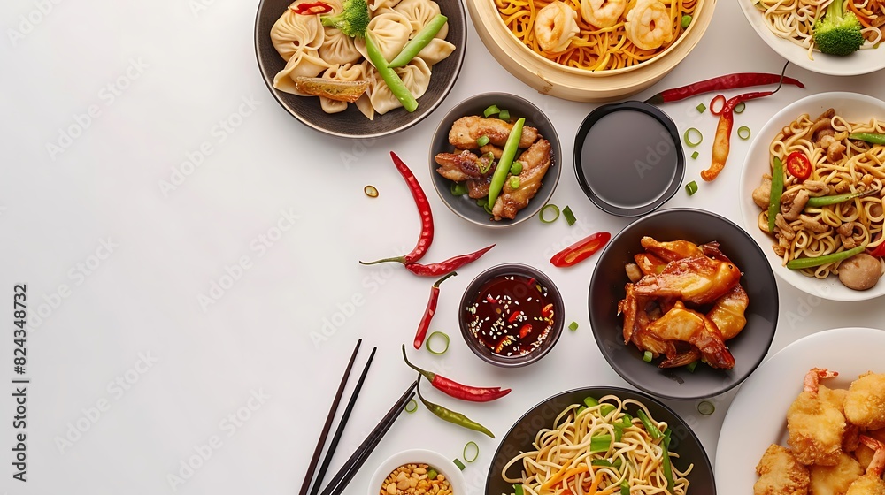 Authentic Chinese Food Spread - Top View of Delicious Asian Dishes on Plain White Background in HD 8K Resolution