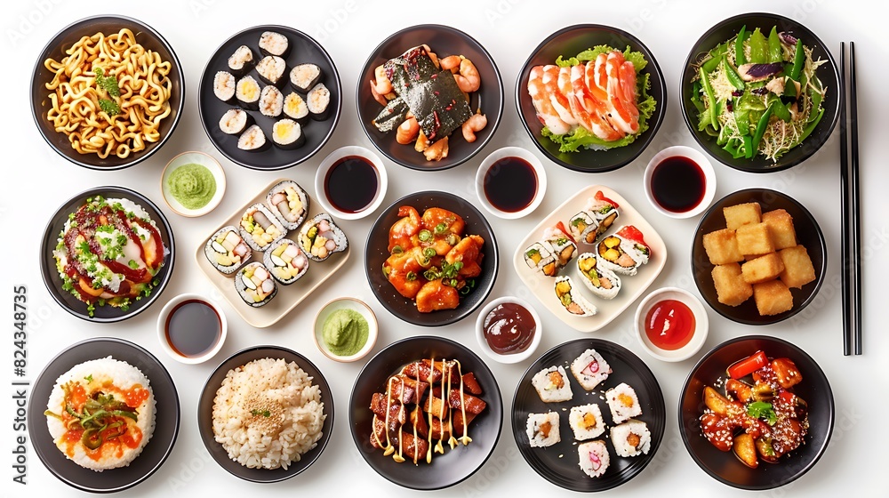 Authentic Chinese Cuisine Spread - Top View of Various Dishes on Plain White Background in HD 8K Resolution Authentic Chinese Cuisine Spread - Top View of Various Dishes on Plain White Background in HD 8K Resolution