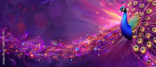 Elegant peacock with ample copyspace on a purple background photo