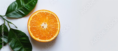 Juicy sliced orange with bright green leaves  showing the citrus texture on a white background