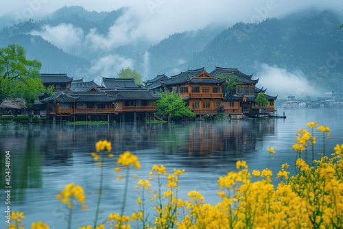 In the village by the lake, rapeseed flowers are in full bloom © fanjianhua