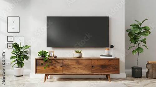 Mockup of Wall-Mounted TV Cabinet with Decor in Living Room and White Wall